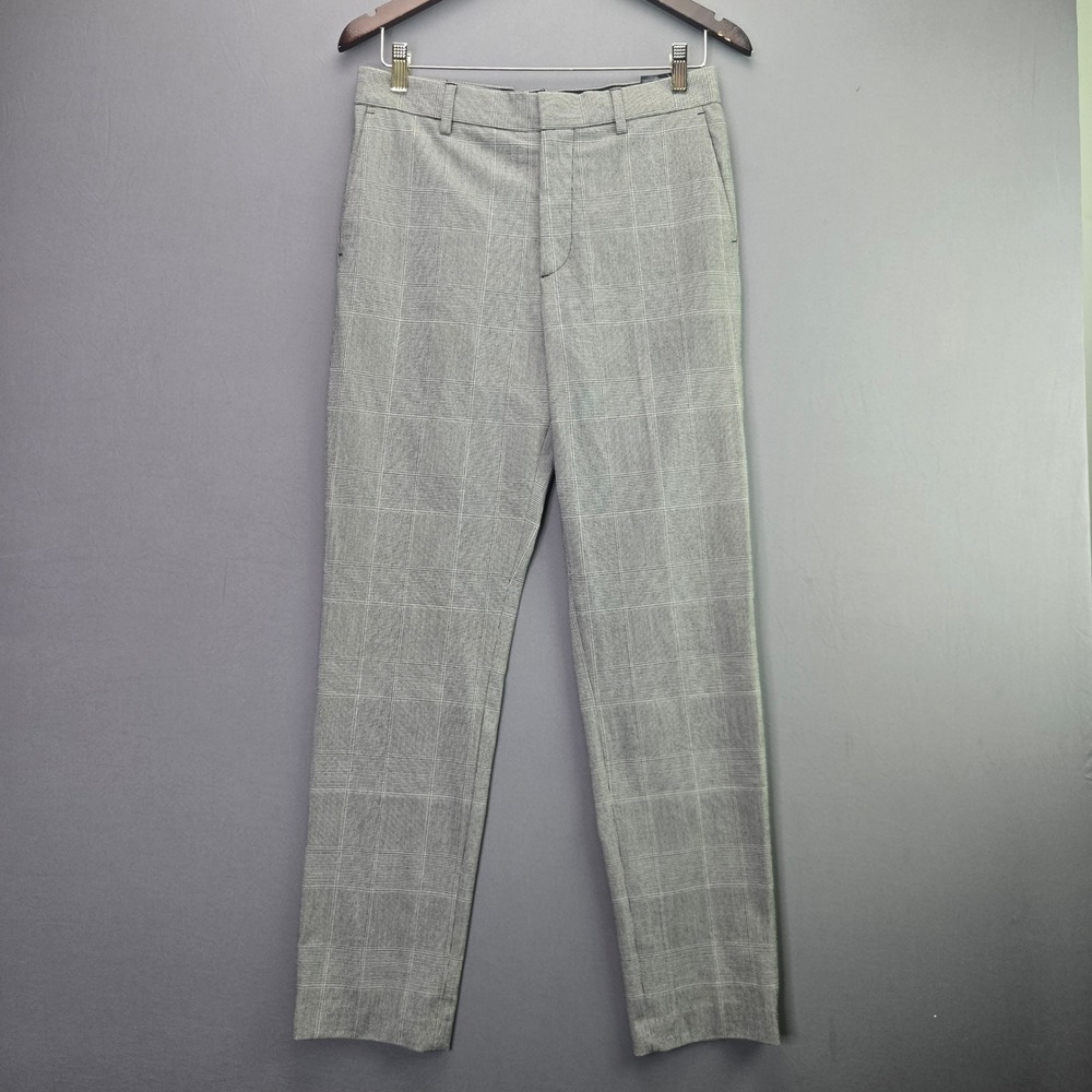 H&M Slim Fit Trousers Dress Pants 29 Grey Glen Plaid Check Flat Front Modern